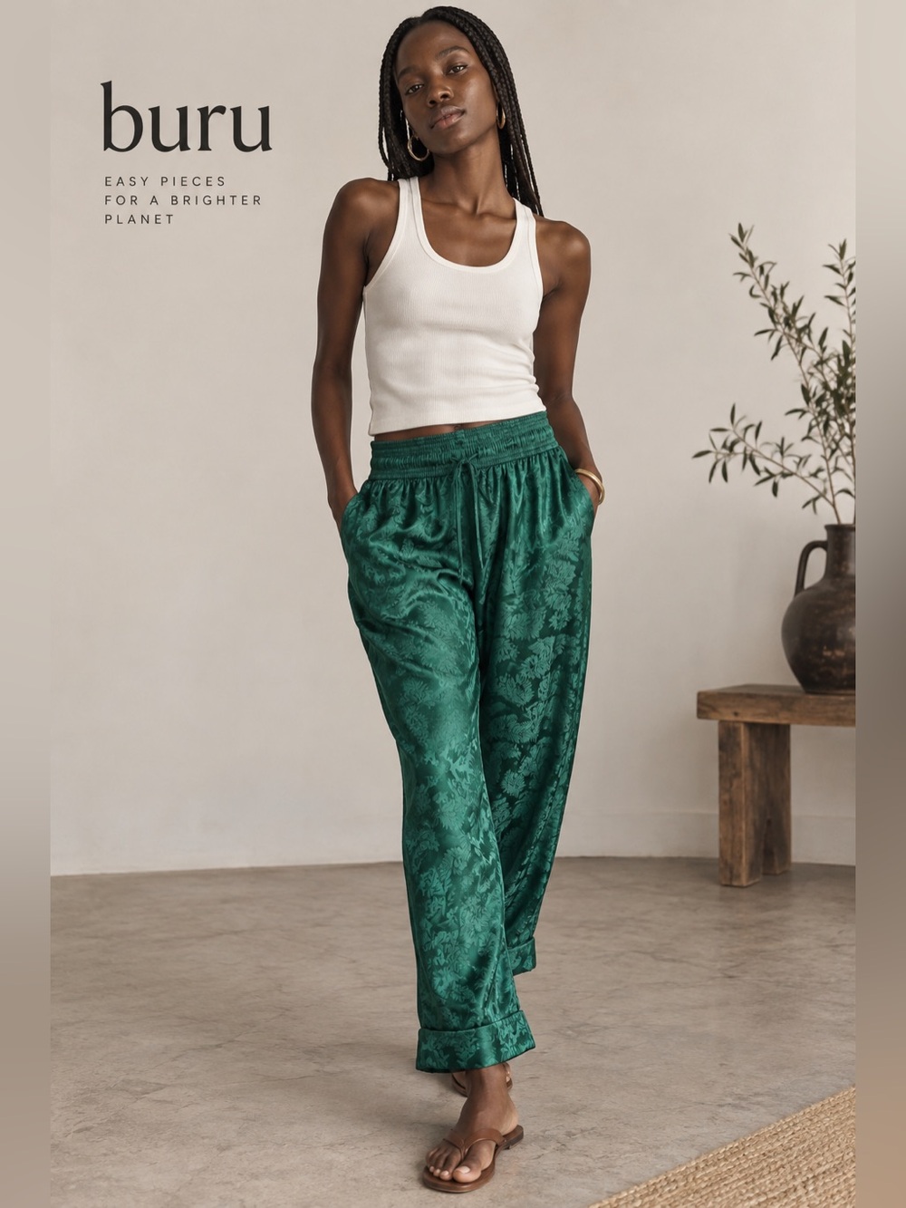 Buru emerald green satin printed draw stick pants